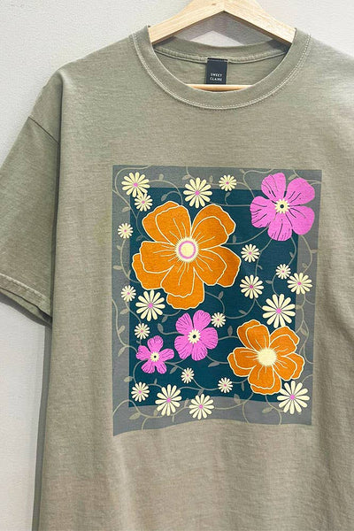 Floral Motif Graphic Tee: OLIVEGREY / LXL / OVERSIZED