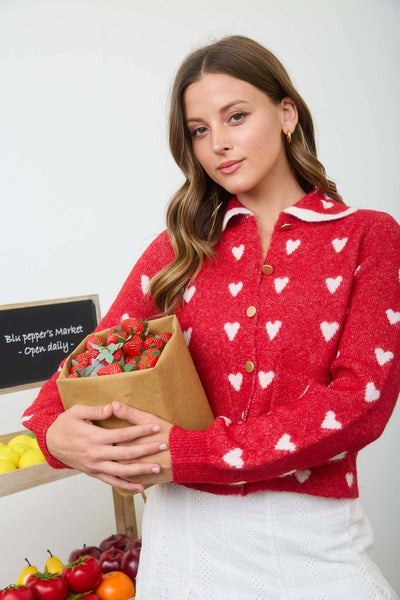 HEART PATTERN SCALLOP COLLAR BUTTON DOWN CARDIGAN: RED - Lulu Bella Boutique