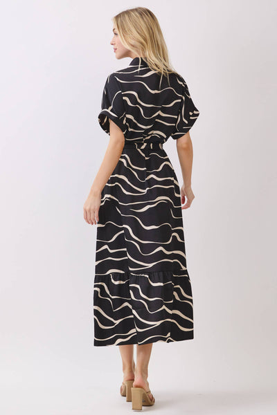 SATIN COLLARD BUTTON DOWN WAIST TIE MIDI DRESS: Black