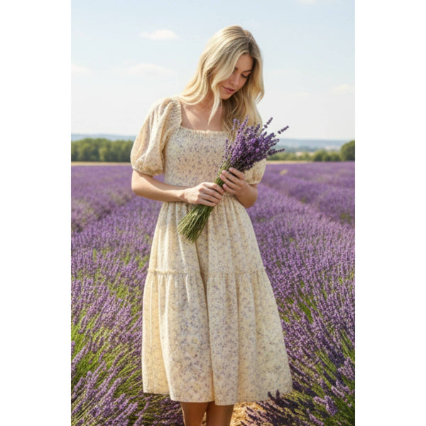 DITZY PRINT HALF SLEEVE SMOCKING DETAIL MIDI DRESS: YELLOW COMBO - Lulu Bella Boutique