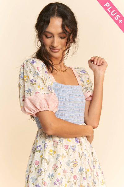 PLUS FLORAL BOUQUET PUFF SLEEVE TIERED DRESS: PASTEL YELLOW MULTI / 2XL - Lulu Bella Boutique