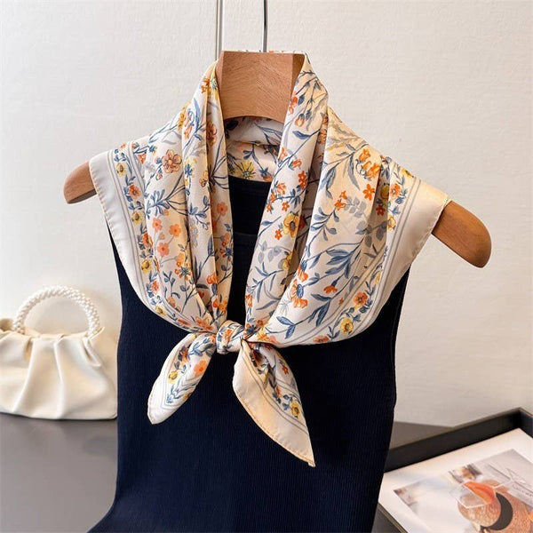 Floral Flower Silk Finish Bandana Scarf: BEIGE