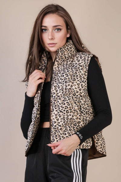 Solid & Leopard Puffer Padded Warm Vest: LEOPARD