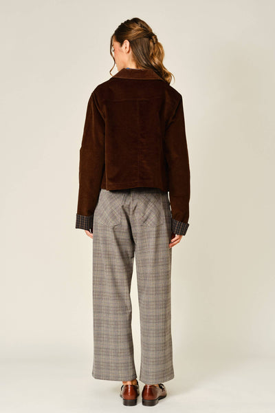 OXFORD CORDUROY BUTTON PLAID JACKET: BROWN