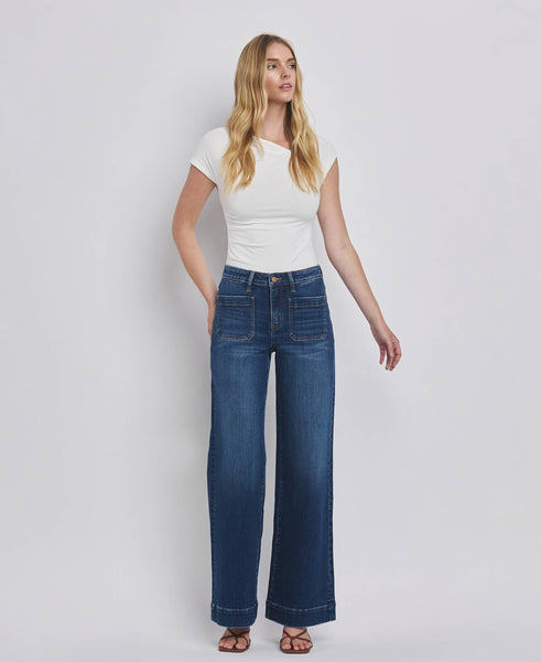 HIGH RISE PATCH POCKET TROUSER  HEM WIDE JEANS F5764D: DARK DENIM / 24 - Lulu Bella Boutique