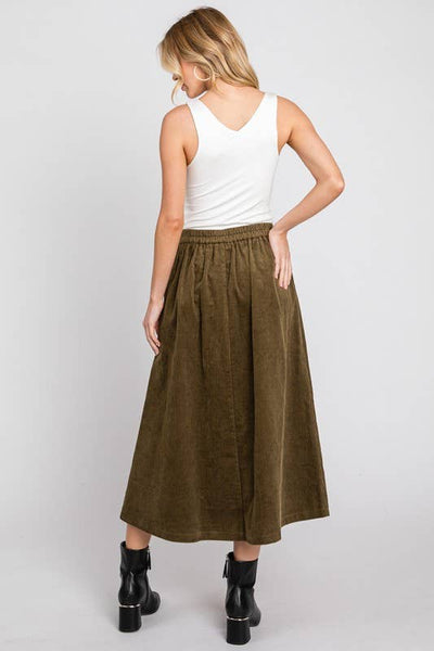 SOLID CORDUROY MIDI SKIRT W/ PLEATED DETAILS: OLIVE