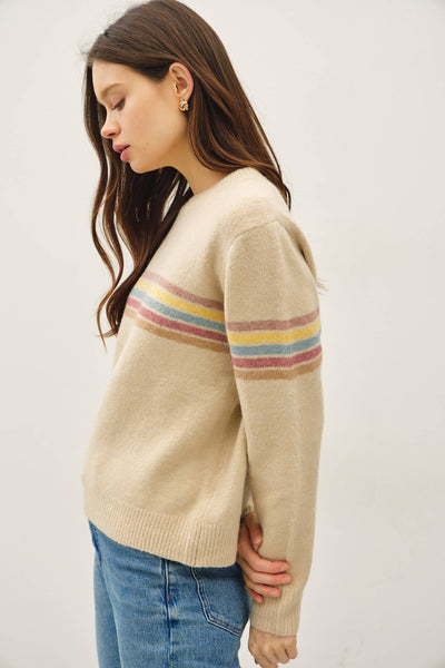 MULTIPLE COLOR STRIPED SWEATER: TAUPE / S - Lulu Bella Boutique