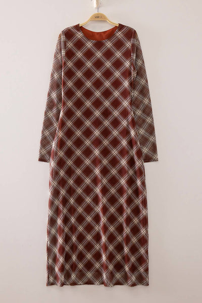 Plaid Long Sleeve Maxi Dress: BURGUNDY PLAID