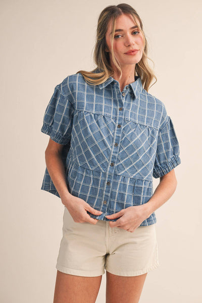 CHECKERED DENIM BUTTON DOWN TOP MTP4657: LIGHT DENIMBLUE / S - Lulu Bella Boutique