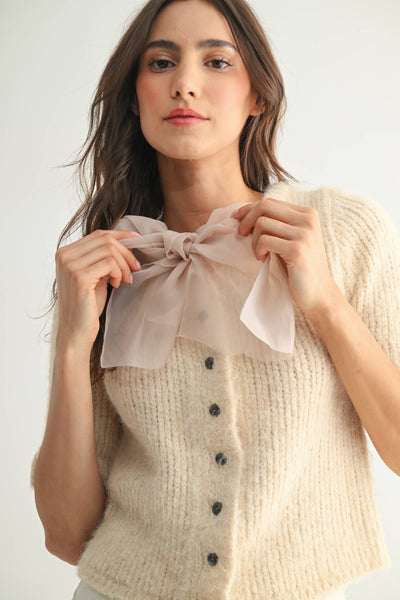 KNIT CARDIGAN WITH CHIFFON BOW - SAND