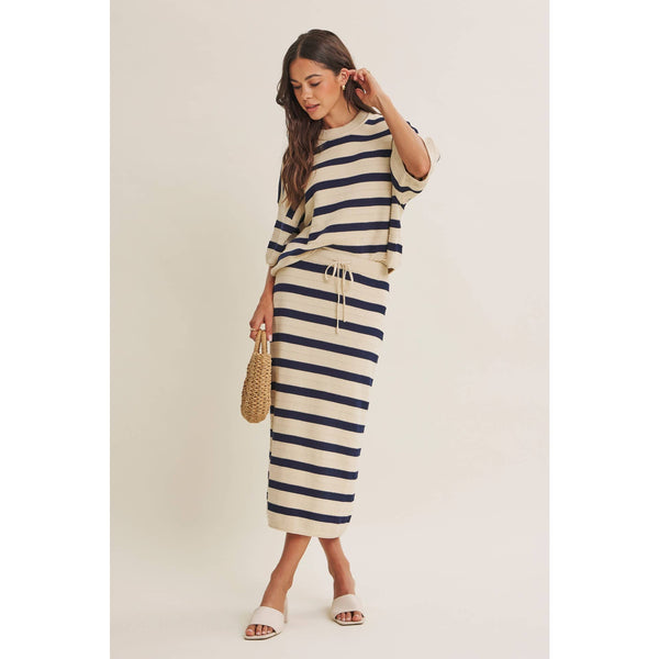 WEEKEND IN CANNES SOFT DRAPE COTTON STRIPE SET: NATURAL/NAVY