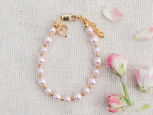 14K Gold-Plated Pink Pearl Baby Heart Bracelet Kids Jewelry: Large 6-12 Years - Lulu Bella Boutique