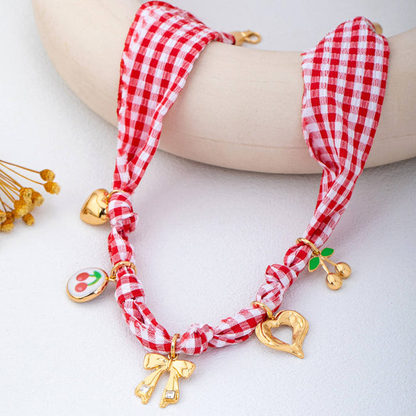 Red Gingham Scarf Charm Necklace | 80N93086: Gold - Lulu Bella Boutique