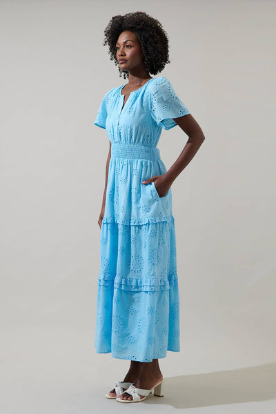 Vanesa Eyelet Palmer Poplin Tiered Maxi Dress: LightBlue - Lulu Bella Boutique