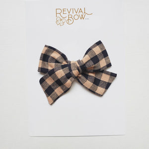 Large Fabric Bow on Clip • Black/Tan Gingham