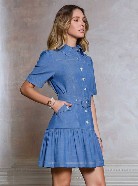 Shirt Mini Dress W/ O-ring Buckle Belt: Blue / XS - Lulu Bella Boutique