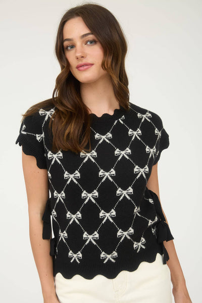 BOW PATTERN SHORT SLEEVE SIDE TIE KNIT PULLOVER: BLACK - Lulu Bella Boutique