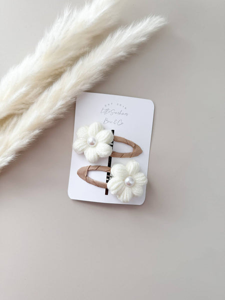 Knit Pearl Flower Hair Clips & Headbands: Cream / Pigtail Set - Lulu Bella Boutique