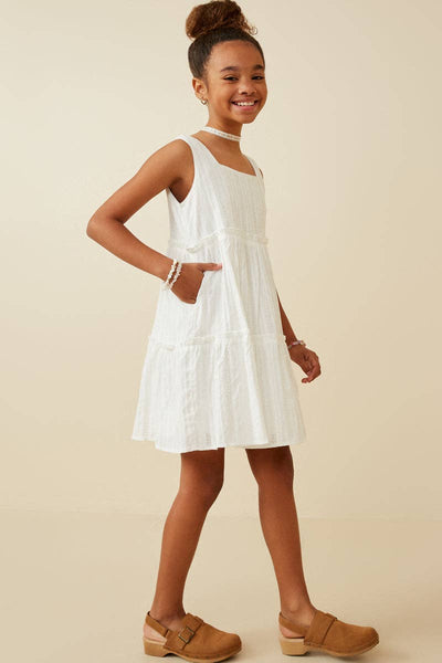Girls Textured Square Neck Ruffle Tiered Dress: Off White / S - Lulu Bella Boutique