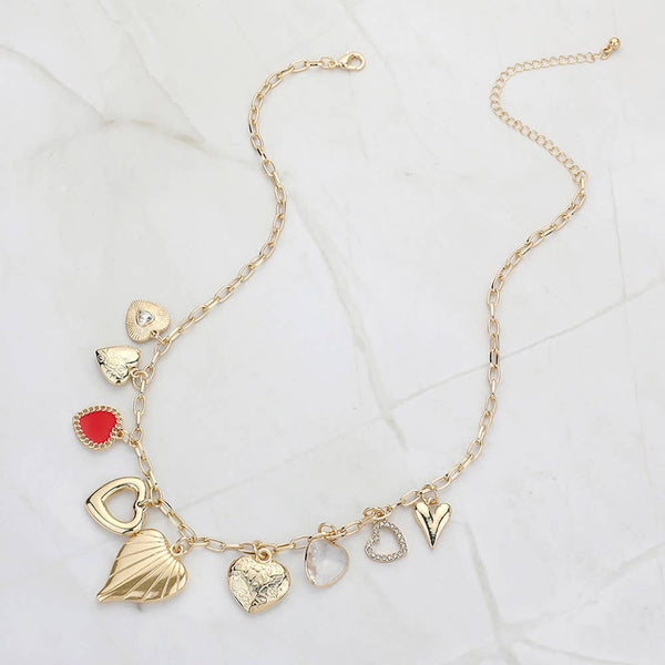 Enamel Stone Paved Metal Heart Charm Station Necklace