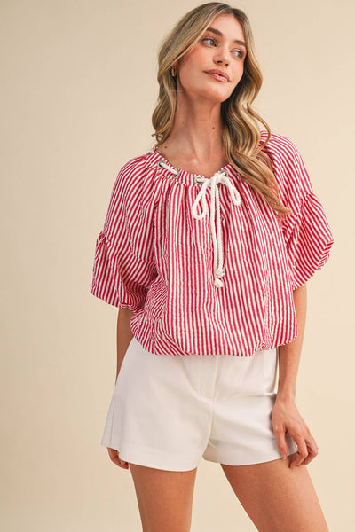 STRIPED BUBBLE TOP WITH GROMMET NECKLINE MTP4529: BERRY RED STRIPE / S - Lulu Bella Boutique
