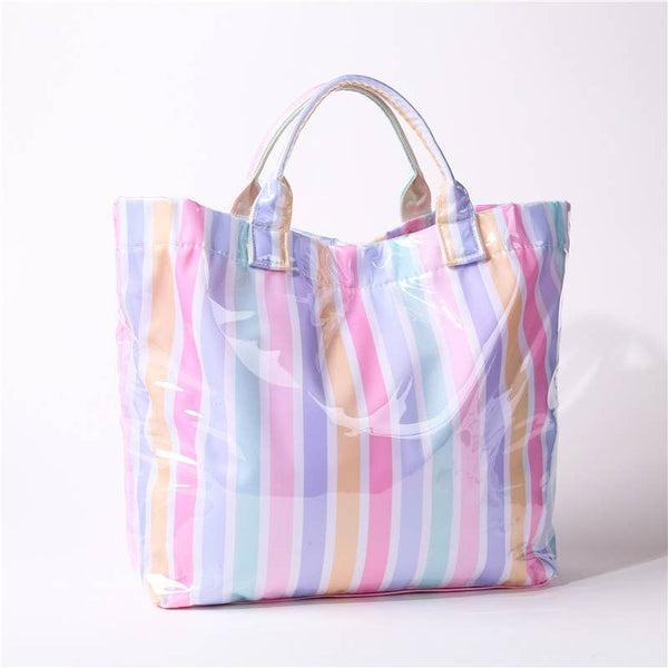 Large Striped Vinyl Tote Bags | 40P595: PINK GREEN - Lulu Bella Boutique