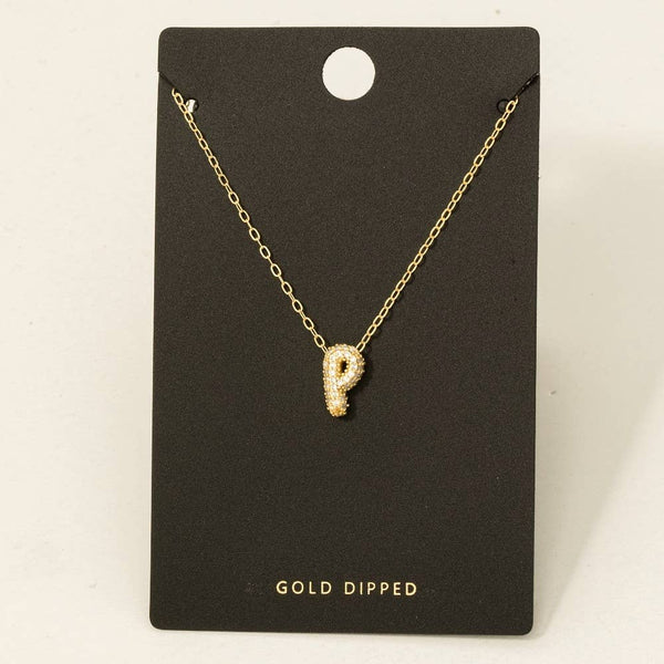 Gold Dipped Cz Pave Bubble Letter Pendant Necklace: R - Lulu Bella Boutique