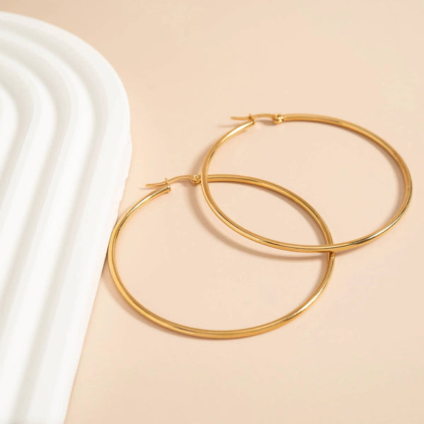 18K Gold PVD Stainless Steel Round Tube Hoop Earrings: Gold / 60mm