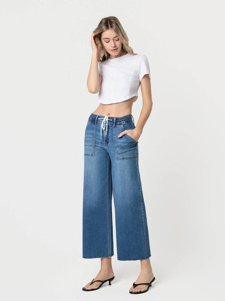 HIGH RISE SUPER SOFT FABRIC DRAWSTRING BAGGY WIDE JEANS