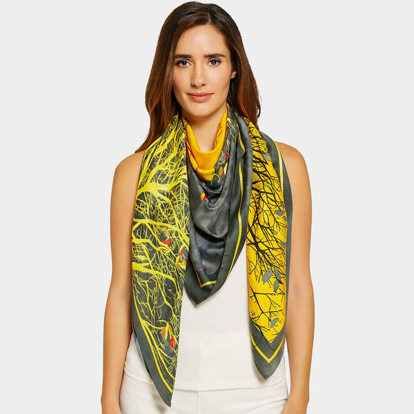 Elegant Silk Botanical Large Square Scarf: Yellow