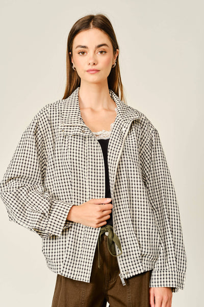 PLAID FUNNEL NECK BOMBER JACKET: ECRU/BLACK