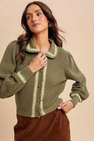 DOLL COLLAR KNITTED CARDIGAN: OLIVE / S - Lulu Bella Boutique
