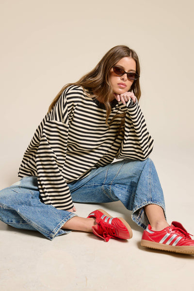 Striped Terry Oversized Long Sleeve Top: Black / S - Lulu Bella Boutique
