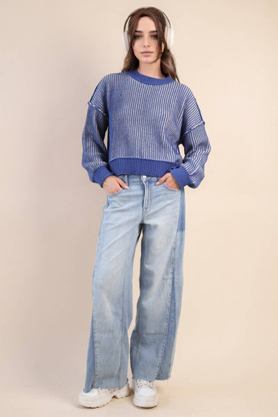 Two Tone Striped Casual Stripe Sweater Top: ROYAL BLUE