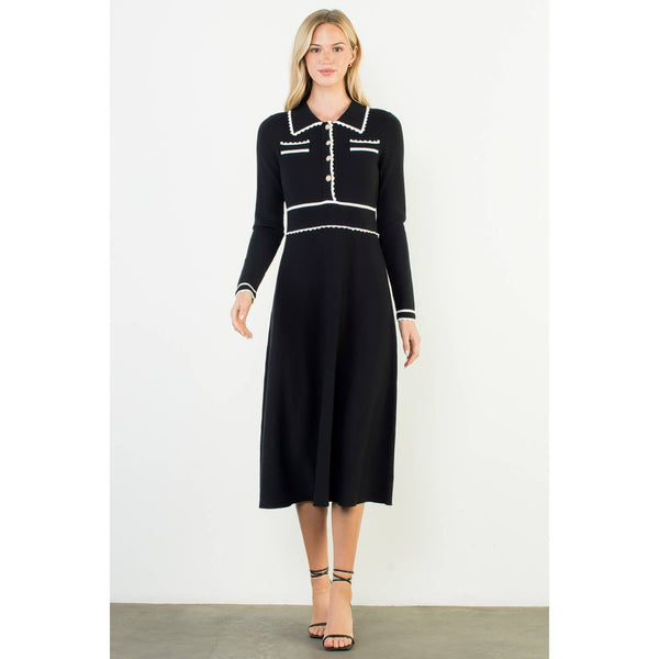 Long Sleeve Collared Knit Dress: BLACK