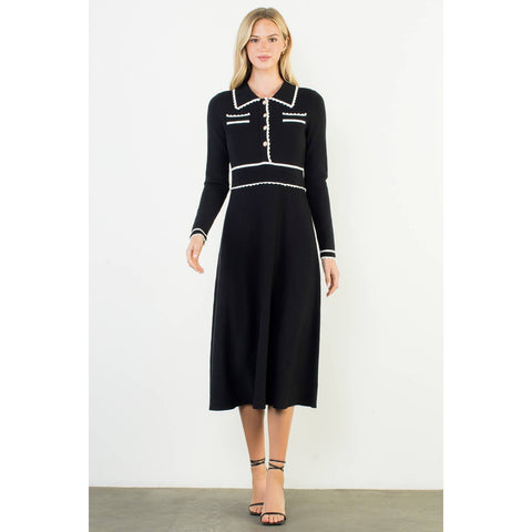 Long Sleeve Collared Knit Dress: BLACK