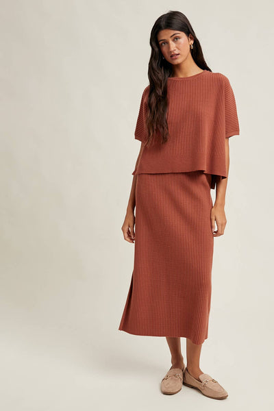 RIBBED KNIT SWEATER TOP AND SKIRT SET