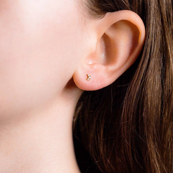 CZ Diamond Moon Screw Flat Back Earrings: Silver