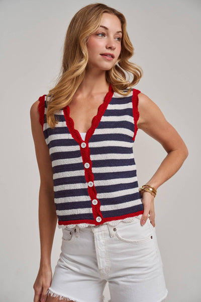 STRIPED SLEEVELESS 4TH OF JULY SWEATER VEST TOP: NAVY/IVORY/RED / S-M-L(2-2-2) - Lulu Bella Boutique