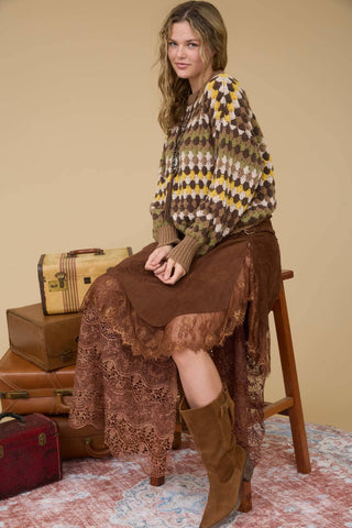 MULTICOLOR KNIT CREWNECK PULLOVER SWEATER: BROWN MULTI - Lulu Bella Boutique