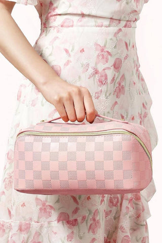 Vegan Leather Checkered Makeup Bag: PINK