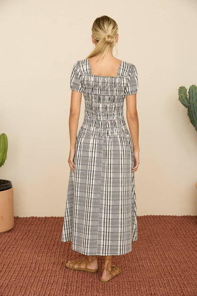 Black Multi Plaid Smocked Midi Dress: BLACK MULTI