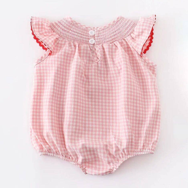 Baby Girls Strawberry Plaid Smocked Romper: 6M - Lulu Bella Boutique