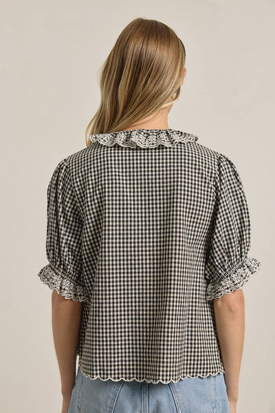 Gingham Lace Ruffle Blouse - RT1172: BLACK GINGHAM / S-M-L (3-2-1) - Lulu Bella Boutique