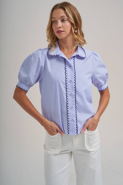 PIN STRIPE BLOUSE TOP WITH SCALLOP EDGE STITCHING DETAIL: BLUE/IVORY / S-M-L(2-2-2) - Lulu Bella Boutique