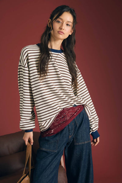 STRIPE CREW NECK V-STITCH LONG SLEEVE KNIT TOP: BROWN