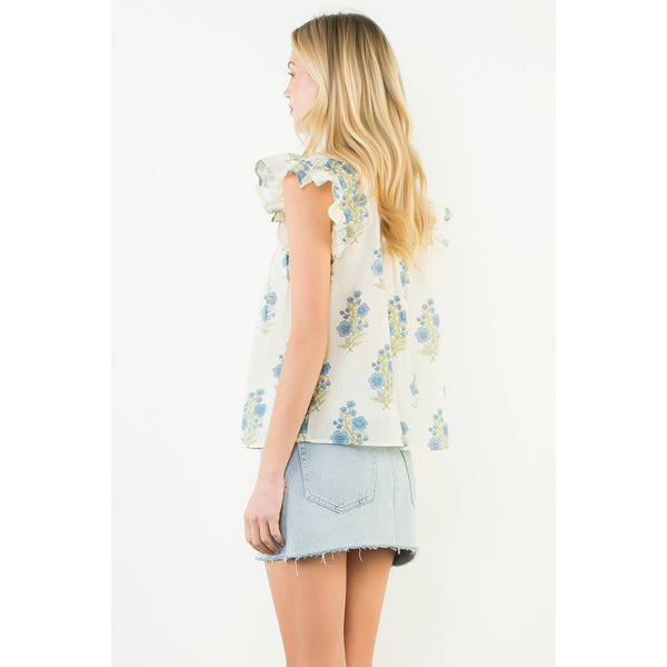 Flutter Sleeve Floral Pattern Top: CREAM / XS-S-M-L(1-2-2-1) - Lulu Bella Boutique
