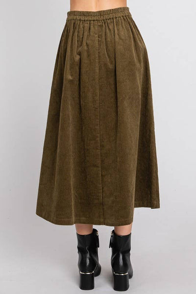 SOLID CORDUROY MIDI SKIRT W/ PLEATED DETAILS: OLIVE