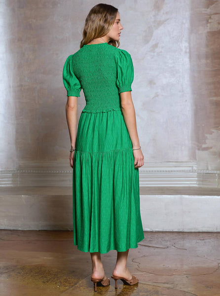 Smocked Short Sleeve Tiered Midi Dress: Spring Green / XS - Lulu Bella Boutique