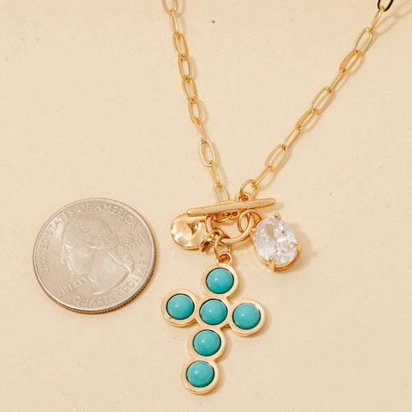 Studded Cross And Faceted Gem Pendant Toggle Chain Necklace: TQ - Lulu Bella Boutique